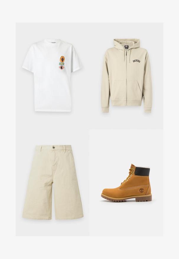Beige zip-up hoodie with front pockets, drawstring hood, and "Dickies" logo on left chest.; White short-sleeve T-shirt with small colorful graphic patches on left chest, including grapes, text, and a stylized "C" logo.; Beige knee-length wide-leg shorts with belt loops, front button, zip closure, and side pockets.; Brown leather ankle boot with metal eyelets, white fur lining, black padded collar, rugged sole, and embossed logo on the side.