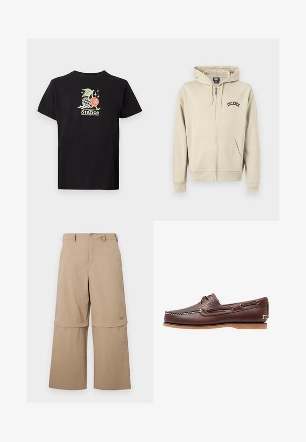 Beige hættetrøje med lynlås, forlommer, snøre i hætten og "Dickies"-logo på venstre bryst.; Sort bomulds t-shirt med et farverigt grafisk print af en ananas og kirsebær, teksten lyder "Stance Community Run Club." Korte ærmer.; Beige cargobukser med aftagelige ben, bæltestropper, sidelommer og knaplukning, vist på hvid baggrund.; Brun læder bådsko med hvide sømme, snøre detaljer og lysbrun gummisål, vist fra siden på hvid baggrund.
