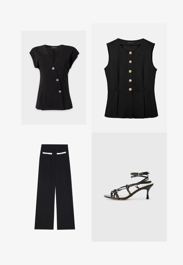 Blusa negra de manga corta con escote en V y tres botones decorativos plateados en forma de rosa en la parte delantera.; Blusa negra sin mangas con escote redondo, botones dorados en la parte frontal y detalles ligeramente acampanados en la cintura, de la marca Anna Field.; Pantalones de pierna ancha negros hechos de una tela suave, con dos bolsillos en la parte frontal adornados con blanco y botones decorativos.; Sandalia de tacón alto de charol negro con diseño de tiras, correa en el tobillo ajustable y detalles anudados. Textura suave, punta afilada.