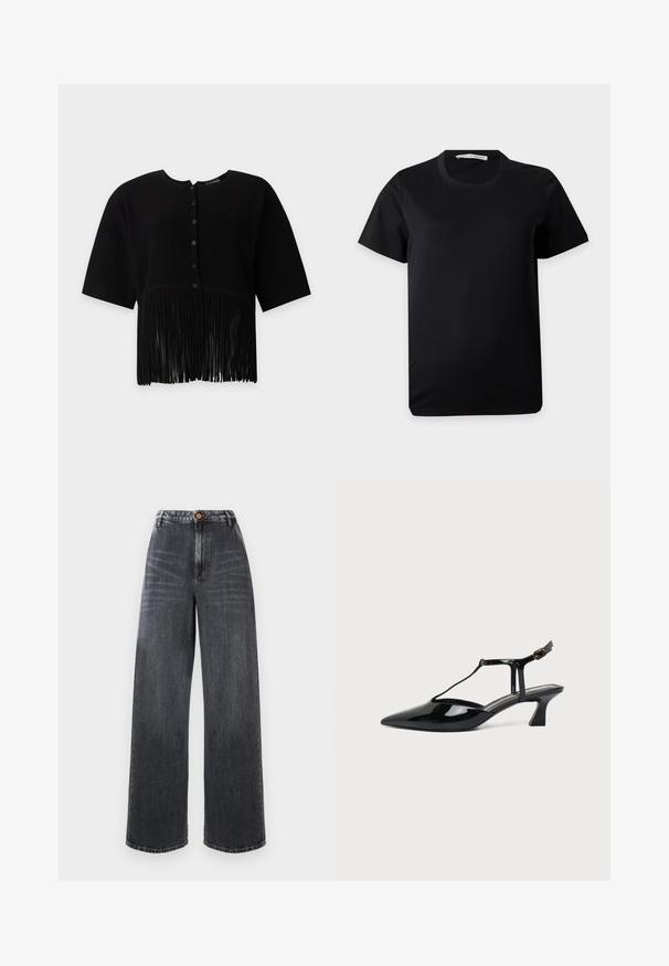 Zwarte blouse met korte mouwen, verticale ribstructuur, ronde hals, knoopsluiting aan de voorkant en lange franje aan de zoom. Geen zichtbare objecten op de achtergrond.; Eenvoudig zwart T-shirt met korte mouwen en ronde hals, plat gelegd op een witte achtergrond met een zichtbaar merklabel in de kraag.; Hoge taille wijde jeans van donkergrijs denim met vervaagde details, met een sluiting met knoop aan de voorkant en een traditionele vijf-pocket stijl.; Zwarte pumps van lakleer met spits toelopende neus, T-strap en lage schuine blokhak op witte achtergrond.
