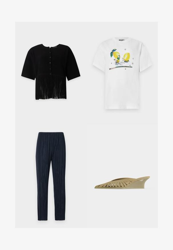 Sort kortærmet bluse med lodret ribbet tekstur, rund hals, knapper foran og lange frynser nederst. Ingen synlige genstande i baggrunden.; Hvid T-shirt med grafik af to citroner, malerrør, pensel og spredte malingsdråber foran.; Marineblå plisserede bukser med elastisk talje, der har et tekstureret stof, lige ben-design og diskrete lodrette striber throughout.; Beige kile-mule med udskæringsdesign langs siden, med spids tå og lav hæl.