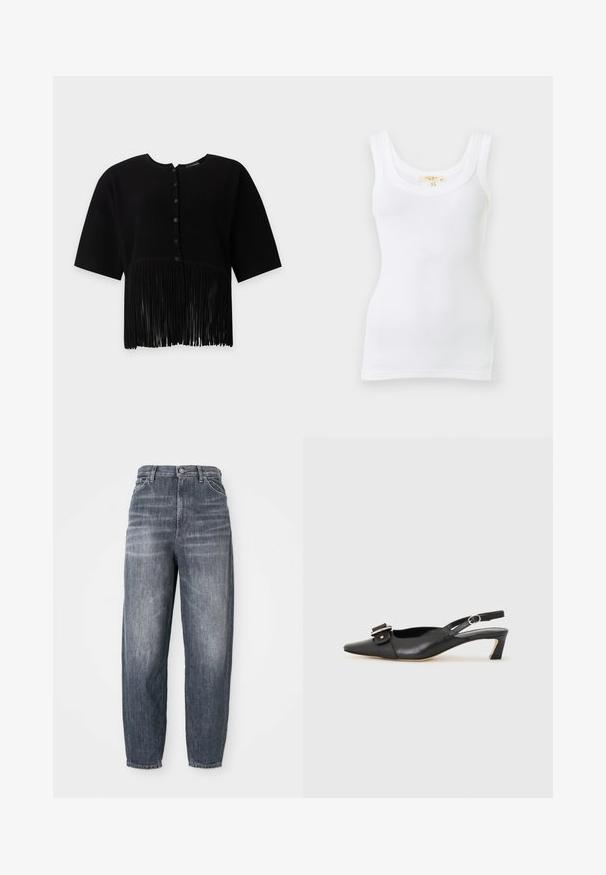 Blouse noire à manches courtes avec texture côtelée verticale, col rond, boutons devant et longue frange à l’ourlet. Aucun objet visible en arrière-plan.; Débardeur blanc côtelé sans manches avec encolure dégagée, présenté à plat sur un fond clair.; Jean bleu foncé en denim, avec une coupe ample, une jambe droite et un décoloration subtile. Style cinq poches standard avec fermeture à bouton.; Chaussure slingback en cuir noir avec un bout pointu, un petit talon et un détail de boucle décoratif sur le dessus. Texture lisse, design minimaliste.