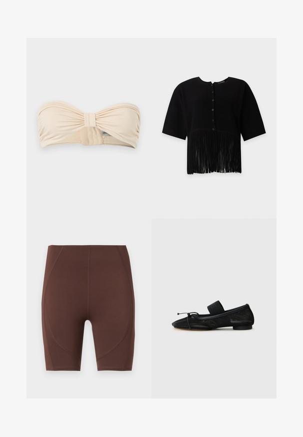 Blouse noire à manches courtes avec texture côtelée verticale, col rond, boutons devant et longue frange à l’ourlet. Aucun objet visible en arrière-plan.; Haut de bikini bandeau beige sans bretelles avec un centre froncé et une fermeture à agrafe latérale, sur fond gris uni.; Shorts de sport marron en tissu extensible. Présentent une taille haute, une coupe ajustée et des détails de coutures courbes sur les côtés.; Chaussure plate noire avec un bout pointu, fabriquée en tissu texturé, avec un accent à nœud et un petit talon rond. Sangle élastique au niveau de la cheville.