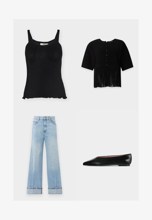 Blouse noire à manches courtes avec texture côtelée verticale, col rond, boutons devant et longue frange à l’ourlet. Aucun objet visible en arrière-plan.; Débardeur en maille côtelée noire avec fines bretelles et bords festonnés le long de l'encolure et de l'ourlet.; Jeans évasés bleu clair en denim, dotés d'une taille haute, d'ourlets retroussés et d'un design classique à cinq poches. Finition nette avec un minimalisme dans les dégradés.; Chaussure plate en cuir noir pour femme, avec bout pointu et petit talon, vue de côté sur un fond gris clair uni.