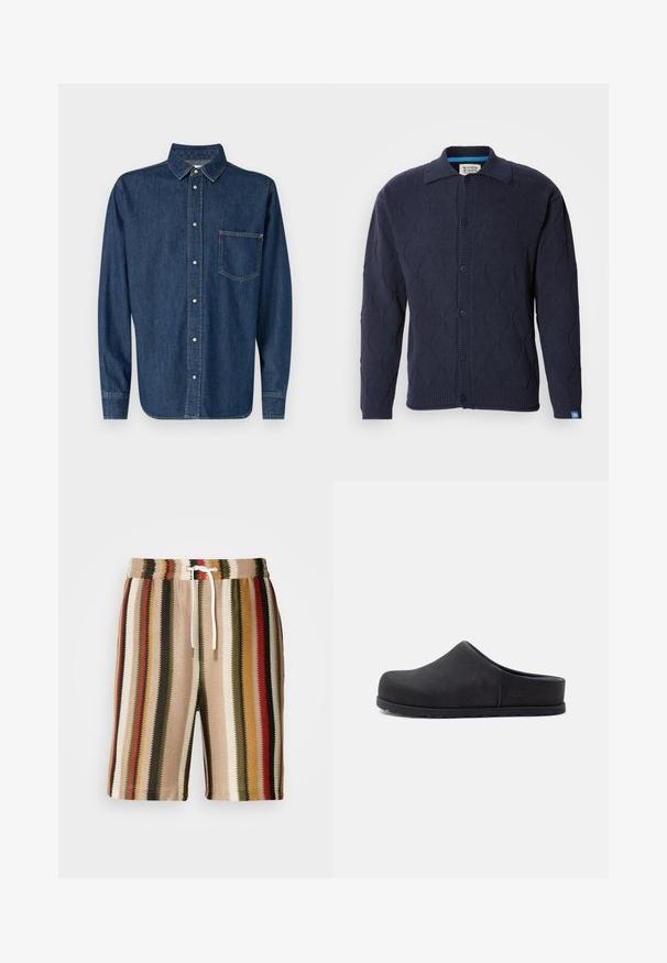 Scotch & Soda OPEN WORK LONG SLEEVE - Cardigan - sky captain; Mørkeblå denimskjorte med lange ærmer, knaplukning foran og en enkelt brystlomme. Har en klassisk krave og lige kant.; Knæ-lange shorts i en stribet mønster med beige, rød, grøn og brun. Materialet ser tekstureret ud, med en elastisk talje og snøre.; Sort slip-on træsko med lukket tå og åben bag, med flad sål og diskret brandlogo på siden.
