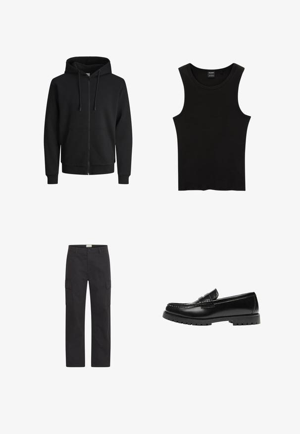 Sort zip-up hoodie lavet af sweatshirt-stof. Har en hætte med snoretræk, forlommer, ribbede manchetter og talje. Glat tekstur.; Sort ribbet tanktop med rund halsudskæring og brede ærmegab, lavet af en blød, strækbar stof. Mærke: Pull&Bear.; Sorte cargo-bukser med lige ben, sidelommer med klap samt forstykke med knap- og lynlåslukning, vist mod en hvid baggrund.; Sort læderloafer med en kraftig gummisål og klassiske penny-strap detaljer, vist fra ydersiden.