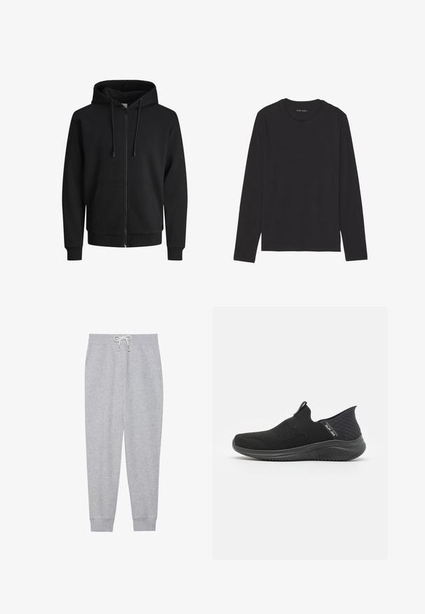Schwarze Zip-Up-Kapuzensweatjacke aus Sweatstoff. Verfügt über eine Kapuze mit Kordelzug, frontale Taschen, gerippte Bündchen und Saum. Glatte Textur.; Schwarzes Langarm-T-Shirt aus weichem, leichtem Stoff. Verfügt über einen runden Halsausschnitt und einen geraden Saum. Keine sichtbaren Muster oder Akzente.; Graue Sweatpants aus weichem Stoff, mit einem elastischen Bund und einem Kordelzug, seitlichen Taschen und gerippten Bündchen an den Knöcheln.; Schwarze Slipper mit einem atmungsaktiven Mesh-Obermaterial, strukturiertem Design, flexibler Sohle und einem glatten, gepolsterten Fußbett.