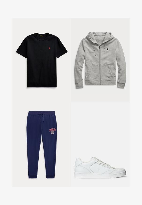 Sweat à capuche gris clair zippé avec poches avant, capuche à cordon de serrage et petit logo noir sur la poitrine gauche.; T-shirt en coton noir à manches courtes, col rond, avec un petit logo rouge brodé sur la poitrine gauche. Texture lisse, design décontracté.; Pantalon de survêtement bleu marine avec taille à cordon et logo et emblème rouges "POLO" sur la partie supérieure de la cuisse gauche.; Baskets en cuir blanc avec une texture lisse, présentant un bout perforé, un système de laçage et un logo brodé sur le côté. Semelle en caoutchouc blanc.