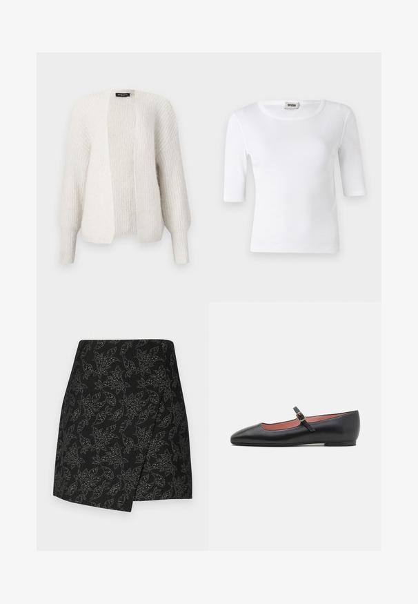 Valkoinen neulecardigan, jossa on rento istuvuus, auki oleva etuosa ja pitkät hieman puffihihat. Materiaalina on rakenne joka tuo tekstuuria, ja hihansuissa on ribattu yksityiskohta.; Valkoinen ribbineule T-paita, jossa on pyöreä pääntie ja kyynärpäiden mittaiset hihat. Valmistettu pehmeästä materiaalista, jossa on sileä rakenne. Tagi näkyvissä pääntiellä.; Musta hame, jossa on kääntödesign ja hopeasävyinen lehtikuvio. Sujuva pinta, epäsymmetrinen helma, keskipolven pituus.; Musta nahkakengät, joissa on terävä kärki ja nilkkahihna, jossa on kultainen solki. Sileä pinta, jossa on hieman kiiltävä viimeistely.