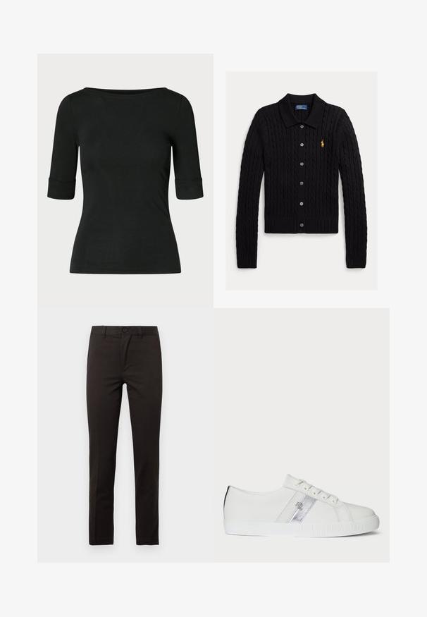 Sort strikket cardigan med kabelmønster, knappelukning foran, ribbet kant og manchetter samt et lille gyldent logo på brystet.; Sort tætsiddende skjorte med albuelange ærmer og en bred, rund halsudskæring på en ensfarvet baggrund.; Sorte, lige bukser lavet af en glat bomuldsblanding; har en forreste knap, lynlås og to sidelommer. Ren, minimalistisk design.; Hvide sneakers lavet af syntetisk materiale, med en sølvstribe, rund tå, gummisål og seks snørehuller. Overfladen er glat.