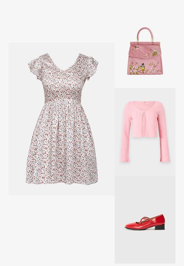 Lyserød cropped strikket cardigan med lange ærmer, rund halsudskæring og enkelt knaplukning ved brystet.; Blomstret kjole med hvid baggrund og små røde og grønne mønstre, v-halsudskæring og korte flæser på ærmerne. Udflydende nederdel.; Røde lakerede Mary Jane-sko med firkantet tå, to justerbare spænder, lille sort blokhæls og glat tekstur.; Lyserød ruskinds håndtaske med blomsterbroderi, der har fugle og sommerfugle. Guldfarvet hardware og rund top-håndtag. Elegant klaplukning.