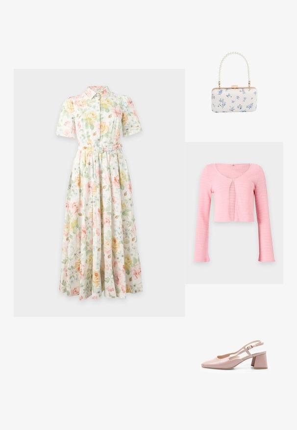 Cardigan corto de punto en rosa claro con mangas largas, escote redondo y cierre de un solo botón en el pecho.; Vestido midi floral de manga corta con botones, cuello y cinturón, con patrones de flores en tonos pastel amarillo, verde y rosa sobre fondo blanco.; Zapato de charol rosa con talón abierto, punta cuadrada, correa ajustable y tacón cuadrado. Superficie suave y diseño minimalista.; Clutch rectangular blanca con patrón floral azul y asa con cuentas de perlas, herrajes en tono dorado y cierre con broche.