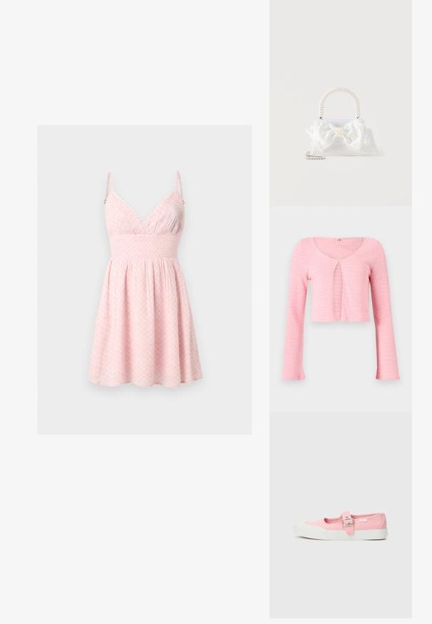 Lyserød cropped strikket cardigan med lange ærmer, rund halsudskæring og enkelt knaplukning ved brystet.; Lyserød ærmeløs kjole med tynde stropper, V-udskæring, figursyet talje og en let udvidet nederdel med diskret blomsterprint.; Lyserød lærredssko med flad sål og med en rem og spænde over mellemfoden. Hvid gummisål med et rent og enkelt design.; Hvid håndtaske med hank dækket af perler, stor stofsløjfe dekoreret med små perler og en sølvkæde som rem på en hvid baggrund.