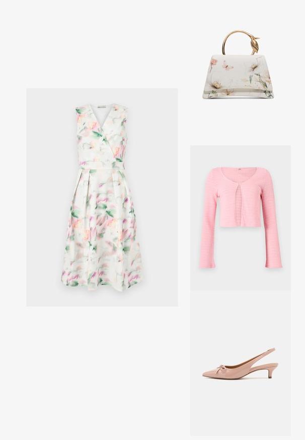 Lyserød cropped strikket cardigan med lange ærmer, rund halsudskæring og enkelt knaplukning ved brystet.; Ærmeløs hvid midi-kjole med pastel akvarelblomstret print, V-hals omslagsbodice, tætsiddende talje og plisseret nederdel.; Patenteret pink slingback hæle med spids tå, sløjfedetalje foran og lav kittenhæl. Glat tekstur med en blank finish.; Hvid håndtaske med blomstermønster og sommerfugleprint, trapezformet og med gyldt rundt håndtag med bladdetalje.