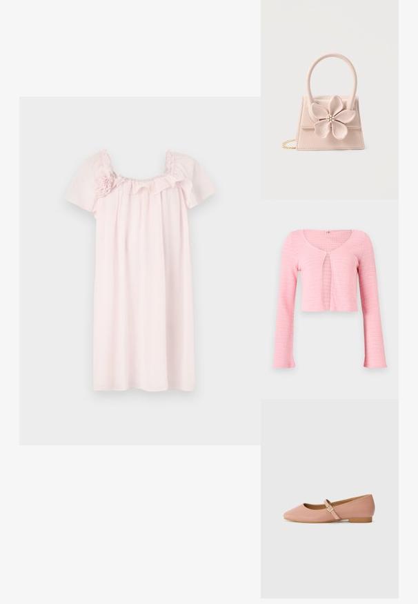 Lyserød cropped strikket cardigan med lange ærmer, rund halsudskæring og enkelt knaplukning ved brystet.; Lyserød kjole lavet af blødt stof, med puffede ærmer, en flæset halsudskæring og blomstermotiver på den ene skulder.; Lyserød syntetisk lædersko med spids tå, lav hæl og en rem med en guldbuckle. Glat tekstur med et minimalistisk design.; Lille sart lyserød håndtaske med en stor blomsterdekoration med perle- og rhinstenmidte, top-håndtag og guld kæderem.