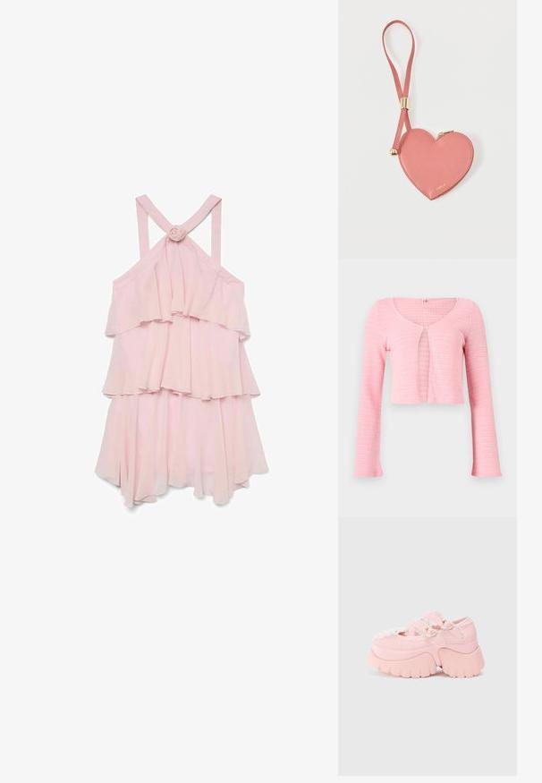 Cardigan corto de punto en rosa claro con mangas largas, escote redondo y cierre de un solo botón en el pecho.; Vestido sin mangas de color rosa pálido con volantes en capas, que presenta un acento de rosa en la parte posterior y tirantes cruzados, confeccionado con una tela ligera.; Zapato de plataforma gruesa en color rosa con doble hebilla en forma de corazón, bordes de encaje y suela gruesa esculpida, sobre un fondo blanco liso.; Monedero de cuero rosa en forma de corazón con correa para la muñeca y cremallera dorada, con la marca "Furla" en pequeño texto dorado.
