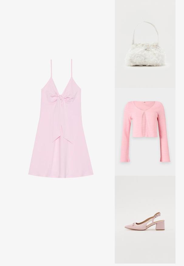 Lyserød cropped strikket cardigan med lange ærmer, rund halsudskæring og enkelt knaplukning ved brystet.; Lyserød ærmeløs kjole med detaljeret forknude og flagrende skørt. Fremstillet af blødt stof med en glat tekstur. Justerbare tynde stropper.; Pink slingback-hæl med spids tå, stofoverdel, afrundede udskæringer, perleudsmykninger og blokhæl. Har en sidespænde detalje.; Lille hvid håndtaske med stofroser, der dækker kroppen, og et tyndt enkelt skulderremshåndtag på en ensfarvet baggrund.