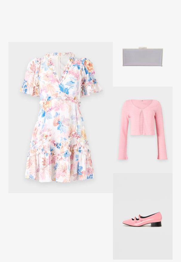 Lyserød cropped strikket cardigan med lange ærmer, rund halsudskæring og enkelt knaplukning ved brystet.; Blomstret kjole med hvid bund, prydet med lyserøde, blå og gule blomster. Rynkede detaljer ved ærmer og nederkant, v-udskæring og en tætsiddende talje.; Rosa patenteret lædersko med spids tå og to dekorative remme. Har en sort lav blokhæl og en glat overfladetekstur.; Rektangulær lavendel clutch lavet af tekstureret materiale med glatte kanter. Har en sølv spænde lukning på toppen.
