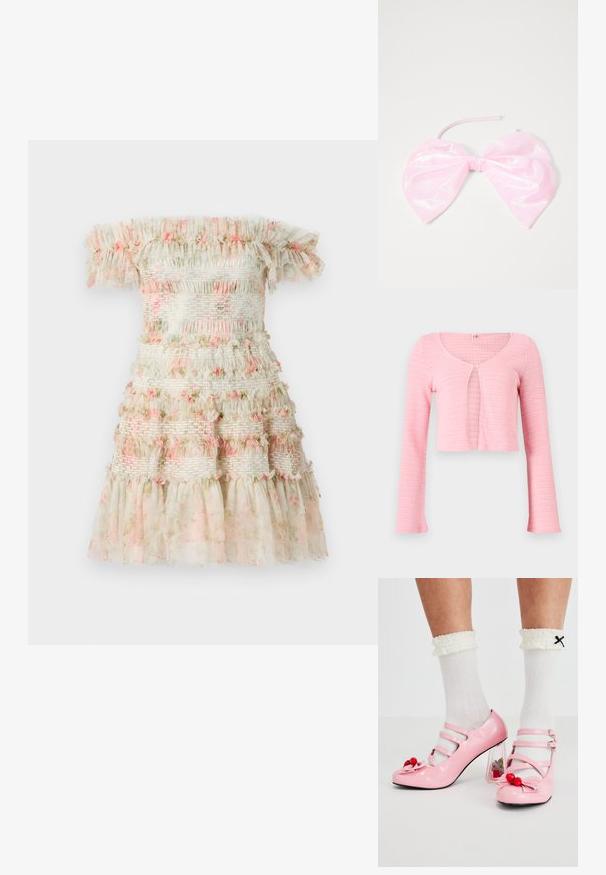 Cardigan court en maille rose clair avec manches longues, col rond et fermeture à un bouton au niveau de la poitrine.; Robe décolletée en crème claire avec des volants superposés et des détails floraux roses. Elle dispose de bandes élastiques froncées pour un look texturé.; Talons hauts en cuir verni rose avec un bout arrondi, trois brides et des embellissements en cerise. Le talon bloc transparent présente des accents floraux. Chaussettes blanches à côtes.; Accessoire capillaire rose et brillant en forme de grand nœud, avec une texture lisse et une fine sangle pour le maintenir en place.