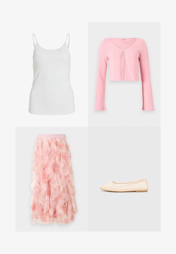 Cardigan court en maille rose clair avec manches longues, col rond et fermeture à un bouton au niveau de la poitrine.; Débardeur blanc en tissu lisse, avec de fines bretelles spaghetti et un design simple et sans embellissement.; Jupe midi en tulle rose à couches avec motif floral et taille élastique, présentant des textures douces et volantées.; Ballerines beiges avec un bout pointu, une semelle plate et un dessus en maille translucide. Agrémentées de coutures simples le long des bords.