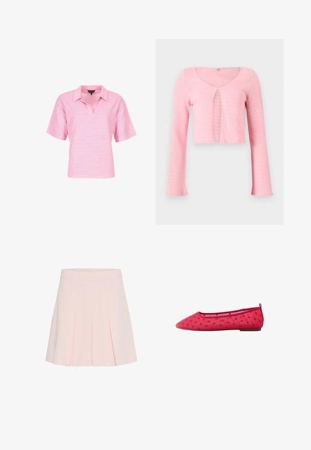 Cardigan corto de punto en rosa claro con mangas largas, escote redondo y cierre de un solo botón en el pecho.; Camisa polo de rayas rosas con mangas cortas, que presenta un cuello con solapa y un corte relajado. El material parece suave y con un sutil brillo.; Falda plisada de color rosa claro con cintura ajustada. Confeccionada en un tejido suave, presenta pliegues definidos y una textura suave.; Bailarinas planas de malla roja con pequeños patrones de corazones en relieve, puntera puntiaguda, tacón bajo y lengüeta en la parte trasera.