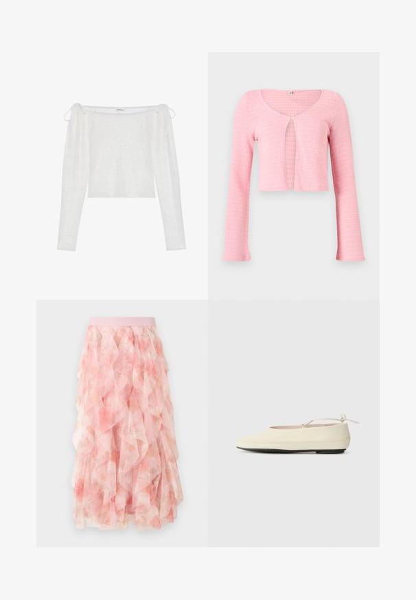 Lyserød cropped strikket cardigan med lange ærmer, rund halsudskæring og enkelt knaplukning ved brystet.; Hvid off-the-shoulder top med lange ærmer, lavet af tekstureret stof, har bindebånd på ærmerne og en lige nederste kant.; Pink lagdelt tyll midi nederdel med blomsterprint og elastisk taljebånd, med bløde flæseteksturer.; Cremefarvede flade sko med rund tå, ankelrem og kontrasterende sort gummisål. Glat materiale med minimal detaljer.