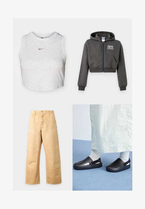 Tmavosivá krátka mikina na zips s prednými vreckami, kapucňou so sťahovacou šnúrkou a logom „new balance“ na ľavej strane hrudníka.; Biely crop top vyrobený z jemnej, textúrovanej látky. Má okrúhly výstrih a bezrukávový dizajn so malým zlatým logom Nike na prednej strane.; Béžové pracovné nohavice s širokými nohavicami, spevnenými záplatami na kolenách, prednými vreckami, pútkami na opasok a zapínaním na gombík.; Čierne nazúvacie topánky vyrobené z hladkého materiálu s okrúhlym dizajnom, obsahujúce dve bočné otvory a zadný popruh pre bezpečné upevnenie.