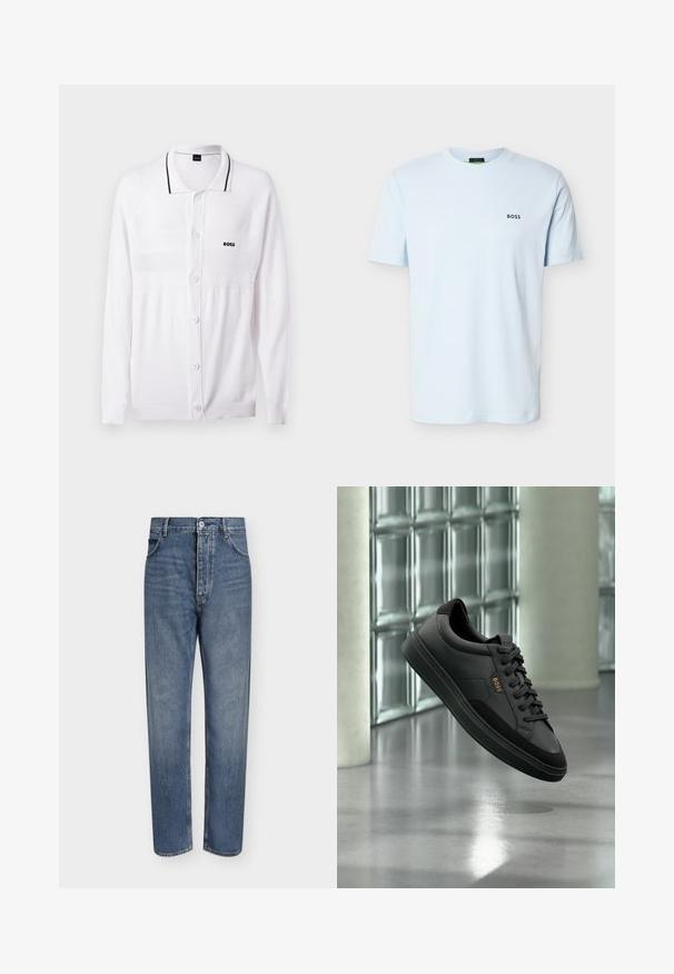 Witte cardigan met lange mouwen en knopen, kraag, zwarte bies, gestructureerde horizontale strepen en "BOSS"-logo op de linkerborst.; Lichtblauw T-shirt met korte mouwen en ronde hals, met een klein zwart "BOSS"-logo op de linkerborst.; Blauwe denim jeans met rechte pijpen, hoge taille, knoopsluiting aan de voorkant en vijfzakkenontwerp op een effen lichte achtergrond.; Zwarte leren lage sneaker met zwarte veters en gouden "BOSS"-logo, zwevend in de lucht tegen een glasblokmuur en grijze vloer.