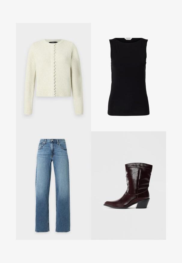 Cardigan crème côtelé à manches longues, col rond, fermeture boutonnée à l'avant avec des boutons décoratifs ressemblant à des perles le long de la patte de boutonnage.; Haut noir sans manches, cintré, avec encolure ronde et étiquette de marque blanche à l'intérieur du col.; Jean bleu taille haute à jambes droites avec poches avant, passants de ceinture, et fermeture par bouton et fermeture éclair.; Bottines en cuir bourgogne avec un bout pointu, une surface texturée et un petit talon effilé. Présente une couture discrète et un ajustement confortable.