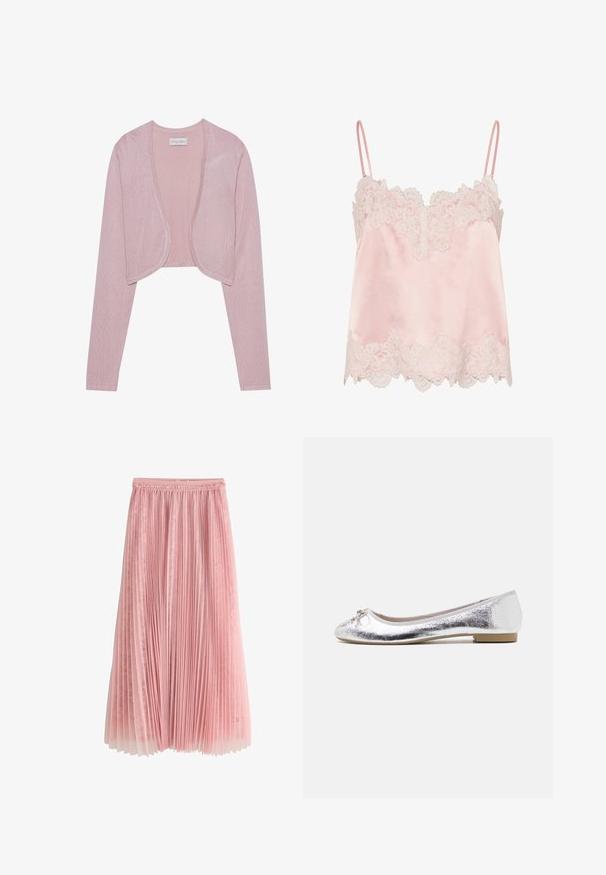 Cardigan court rose clair avec des manches longues et une ouverture sur le devant. Tissu tricoté doux et texturé avec une finition lisse et des bords arrondis.; Caraco en satin rose clair avec bordure en dentelle blanche le long de l'encolure et de l'ourlet, avec fines bretelles réglables.; Jupe midi plissée rose avec une sous-couche en dentelle et une ceinture froncée, présentée sur un fond blanc.; Ballerines argentées avec une finition métallique, bout arrondi, accent de nœud à l'avant et un petit talon pour plus de confort.