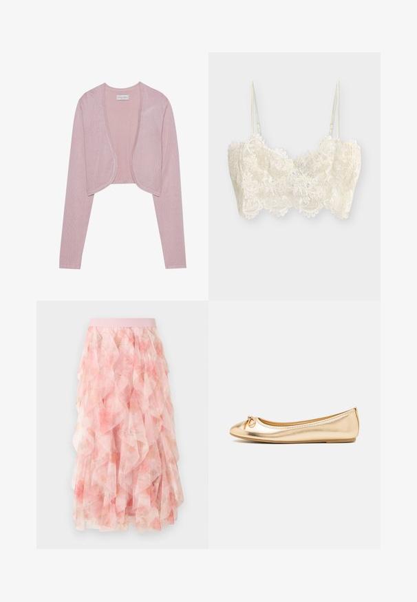 Lys pink cropped cardigan med lange ærmer og åben front. Blødt, tekstureret strik stof med en glat overflade og afrundede kanter.; Hvid blonde-bralette med blomsterdekorationer, tynde justerbare skulderstropper og bølgede kanter langs bund og halsudskæring.; Pink lagdelt tyll midi nederdel med blomsterprint og elastisk taljebånd, med bløde flæseteksturer.; Guldmetallisk balletflade med en rund tå, lille sløjfedetalje foran, glat overflade og en fleksibel gummisål.