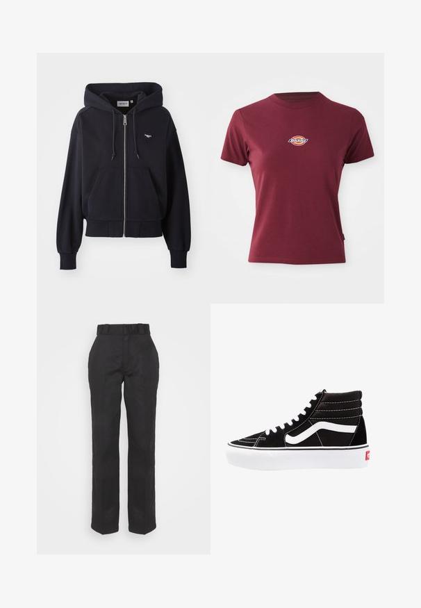 Marineblauwe rits hoodie van zacht materiaal, voorzien van een kangoeroezak, geribbelde manchetten en een klein hartvormig logo op de borst.; Bordeauxkleurig T-shirt met korte mouwen, gemaakt van katoen, met een ronde hals en een klein multicolore 'Dickies' logo op de borst.; Zwarte broeken met een gladde textuur, recht gesneden ontwerp en een taille met riem. Heeft een eenvoudige, klassieke silhouet zonder extra patronen.; Zwarte high-top sneakers met witte veters, een wit logo en contrasterende witte stiksels. Heeft een dikke witte zool en een bovenwerk van gestructureerd suede.
