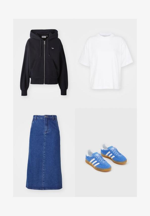Marineblauwe rits hoodie van zacht materiaal, voorzien van een kangoeroezak, geribbelde manchetten en een klein hartvormig logo op de borst.; Witte katoenen t-shirt met een ronde hals, korte mouwen en een ontspannen pasvorm. Heeft een subtiel logo op het linkerborstgedeelte. Zachte textuur.; Donzen rok in donkerblauw, met een getailleerde taille, rechte pasvorm en naden aan de voorkant, met een zoom die onder de knie valt.; Blauwe suède sportschoenen met witte gestreepte accenten, rubberen zool en een gevoerde kraag voor comfort. Beschikt over een klassiek vetersluiting ontwerp.