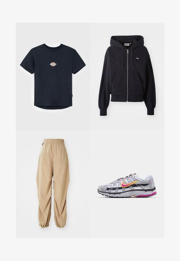 Sweat à capuche zippé bleu marine en tissu doux, avec une poche kangourou, des poignets côtelés et un petit logo en forme de cœur sur la poitrine.; T-shirt en coton noir à manches courtes, col rond, et un petit logo multicolore sur la poitrine. Ourlet droit avec un dos légèrement plus long.; Pantalons légers beige avec une taille élastique, des poignets effilés et une texture lisse, présentant une coupe décontractée et sans motifs ni embellissements visibles.; Baskets de course en mesh gris avec un swoosh distinctif rose et jaune, accents noirs et une semelle en caoutchouc texturé. Comprend un embout renforcé et un col rembourré.