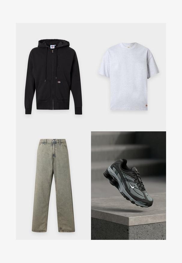 Hoodie noir zippé en tissu doux ; dispose d'une fermeture éclair avant, d'une capuche avec cordon de serrage et de deux grandes poches avant. Patch logo notable.; T-shirt gris clair uni à manches courtes avec un col rond, doté d'une petite étiquette logo rectangulaire en bas à droite de l'ourlet.; Jean en denim à jambes larges de couleur gris délavé, avec une fermeture à boutons et un design traditionnel à cinq poches avec des détails de couture visibles.; Baskets athlétiques grises et noires avec panneaux en mesh et semelle épaisse, positionnées en plein air au-dessus d'un rebord en béton avec des escaliers en arrière-plan.