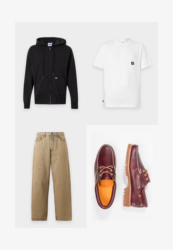 Sort zip-up hoodie lavet af blødt materiale; har en lynlås foran, snor til hætten og to store lommer foran. Bemærkelsesværdigt logo patch.; Hvid bomulds T-shirt med rund halsudskæring, korte ærmer og en brystlomme med en sort logopatch. Glat tekstur, løs pasform.; Tan denim jeans med lige ben-design, der har lynlås, bæltesløjfer og kontraststing. Ingen bemærkelsesværdige mønstre eller hardwaredetaljer.; Bordeaux lædersko med brune gummisåler, rund tå, hvid syning og gyldne snøringer. Indersiden har et gult for.
