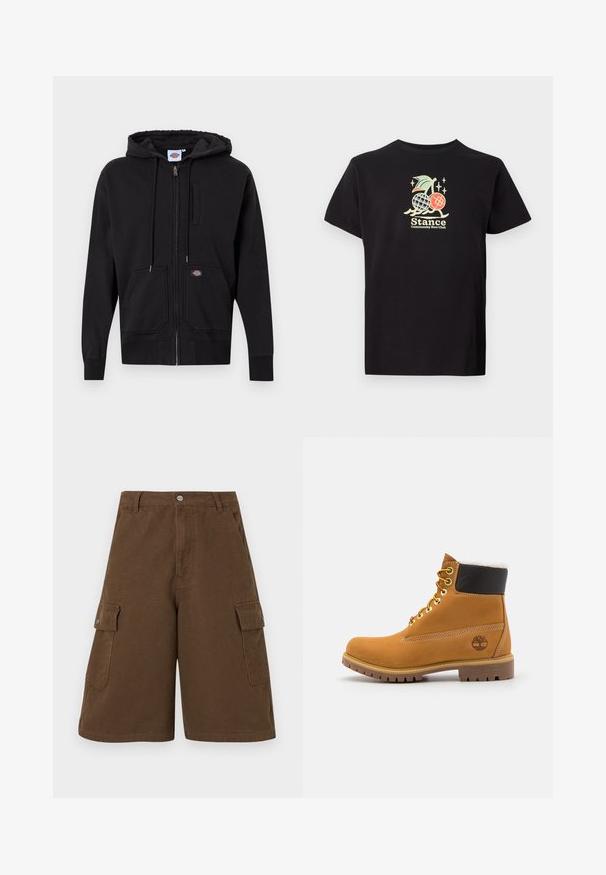 Sort zip-up hoodie lavet af blødt materiale; har en lynlås foran, snor til hætten og to store lommer foran. Bemærkelsesværdigt logo patch.; Sort bomulds t-shirt med et farverigt grafisk print af en ananas og kirsebær, teksten lyder "Stance Community Run Club." Korte ærmer.; Brune cargo shorts med lige snit, to sidelommer og knaplukning foran. Fremstillet af slidstærkt bomuldsstof med en mat finish.; Brune læder ankelstøvle med metaløjer, hvid pelsforing, sort polstret krave, robust sål og præget logo på siden.