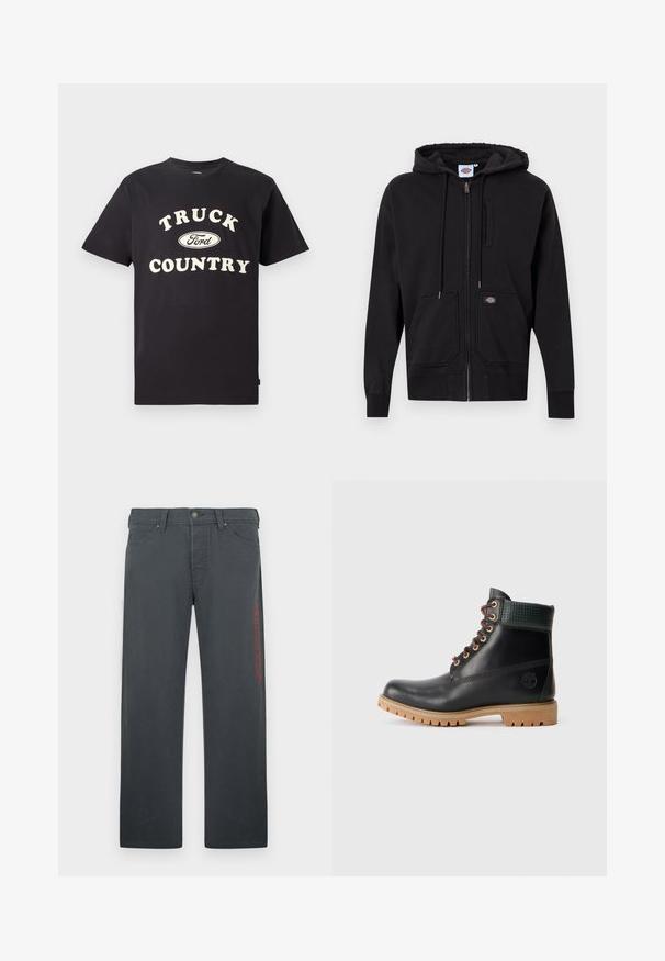Sort zip-up hoodie lavet af blødt materiale; har en lynlås foran, snor til hætten og to store lommer foran. Bemærkelsesværdigt logo patch.; Sort bomulds t-shirt med korte ærmer, der har teksten "TRUCK COUNTRY" i cremefarvet og et Ford-logo designet centralt foran.; Grå bukser lavet af bomuldsblandet materiale, med en lige pasform, forlommer og en rød broderet logo på venstre side.; Sort læder ankelstøvle med brune snørebånd, polstret grøn krave og tan gummisål med dybe riller, set fra siden på hvid baggrund.