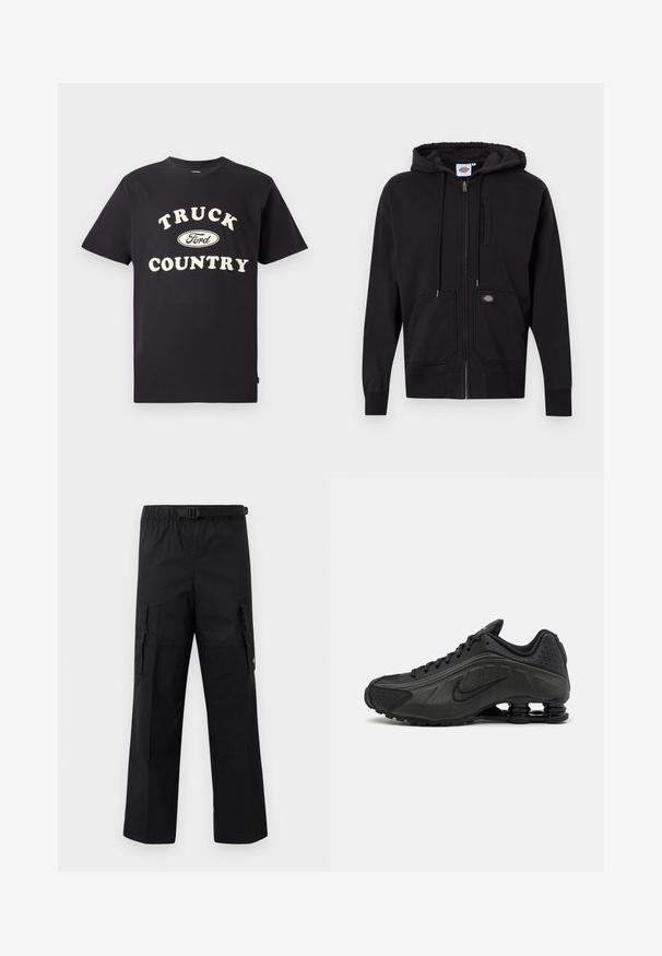 Sudadera con cremallera negra hecha de tejido suave; presenta una cremallera frontal, capucha con cordón y dos grandes bolsillos frontales. Parche de logo notable.; Camiseta de algodón negro de mangas cortas con el texto "TRUCK COUNTRY" en color crema y un diseño del logo de Ford en el centro.; Pantalones cargo negros con un diseño de pierna ancha, cintura ajustable con hebilla y dos bolsillos laterales para almacenamiento. Tejido ligero.; Zapatillas de running negras con un upper sintético liso, detalles perforados, paneles laterales texturizados y una suela distintiva y elástica.