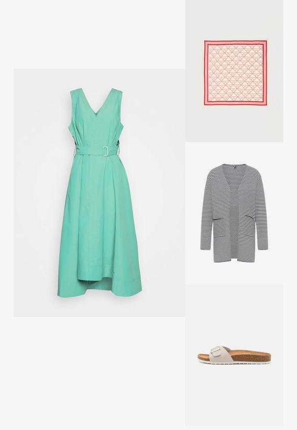 Stripet cardigan med V-udskæring, åben front, to lommer og lange ærmer; farverne inkluderer marineblå og hvid. Blødt stof.; 3.1 Phillip Lim V NECK BELTED MIDI - Hverdagskjole - green; Lys grå slidesandal med en tekstureret rem og en guldbeslag. Har en korkfodrør og en hvid gummisål med et zigzag-mønster.; Firkantet tørklæde med pink og rød geometrisk løbemønster samt flerfarvet stribet kant på hvid baggrund.