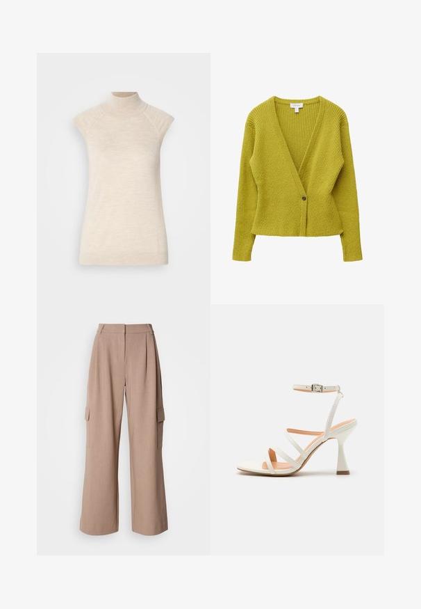 Langärmelige gerippte Strickjacke in Limettengrün mit tiefem V-Ausschnitt und einem einzelnen dunklen Knopfverschluss vorn in der Mitte.; Beige, ärmelloses Top mit hohem Kragen, aus weichem, strukturiertem Stoff. Verfügt über Raglanärmel und eine taillierte Silhouette. Eignet sich gut für Schichtlooks.; Beige weit geschnittene Cargo-Hosen mit Vorderfalten, zwei Seitentaschen und robustem Stoff. Sie verfügen über eine hohe Taille und eine gerade Passform am Saum.; Weiße Riemchen-High Heelsandale mit Knöchelriemen, glatter Textur, quadratischer Zehenpartie und skulptiertem Absatz. Helle, beigem behaute Innensohle.