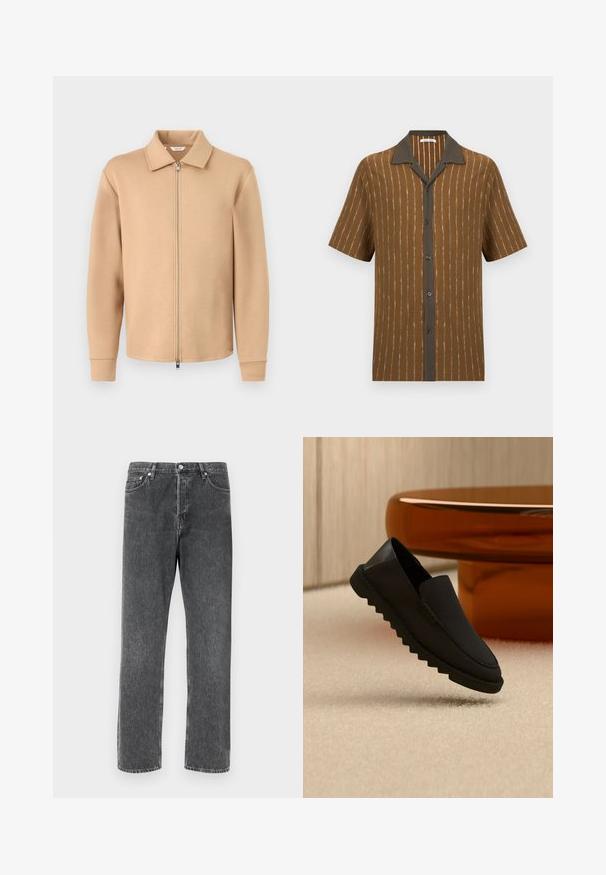 Veste beige à manches longues avec fermeture éclair, col, poignets côtelés et fermeture éclair en métal, présentée sur un fond gris clair uni.; Chemise marron à manches courtes avec des rayures blanches verticales, col brun foncé et patte de boutonnage, présentée sur un fond uni.; Jeans en denim gris avec une coupe droite, dotés de cinq poches, d'une fermeture à bouton à l'avant et de surpiqûres contrastées le long des coutures.; Chaussure noire sans lacets avec semelle épaisse rainurée flottant au-dessus d'un tapis beige devant une table ronde de couleur ambre.