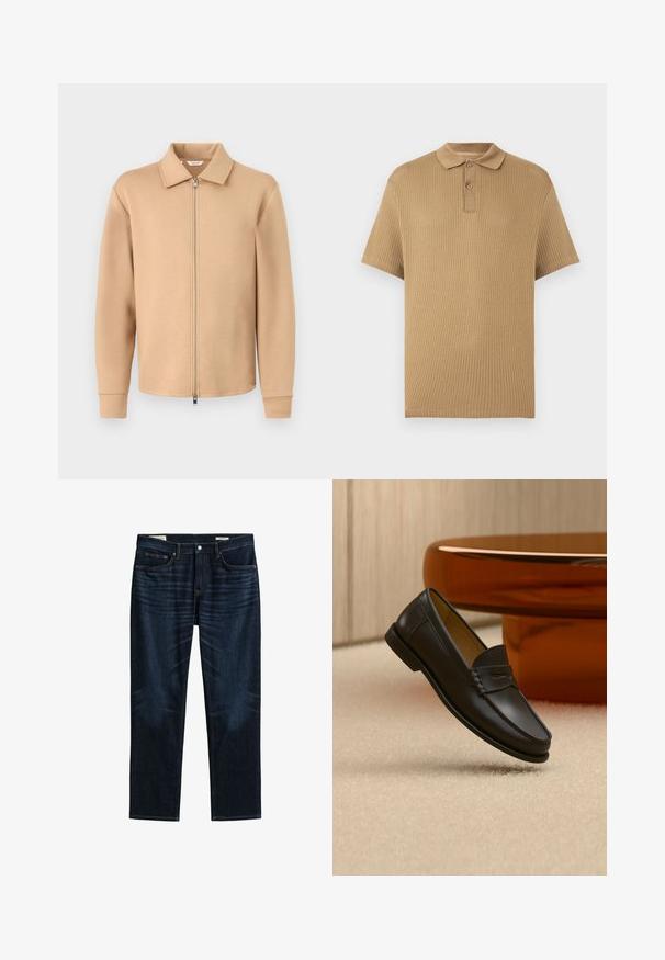 Veste beige à manches longues avec fermeture éclair, col, poignets côtelés et fermeture éclair en métal, présentée sur un fond gris clair uni.; Polo en maille beige à manches courtes avec motif texturé, patte de boutonnage à deux boutons et col classique sur fond blanc.; Jean bleu foncé à jambes droites avec poches avant et arrière, fermeture par boutons et détails de whiskering subtils sur les cuisses.; Chaussure mocassin en cuir noir suspendue au-dessus d’un tapis beige avec du mobilier moderne couleur ambre en arrière-plan.