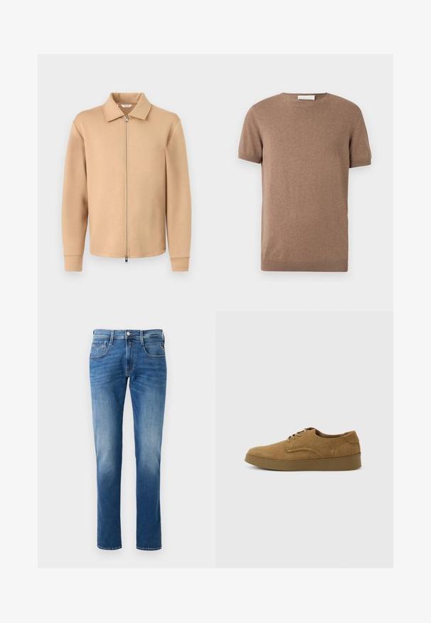 Beige langärmelige Jacke mit Reißverschluss und Kragen, gerippten Bündchen und Metallreißverschluss, auf hellem einfarbigem grauem Hintergrund dargestellt.; Brauner Strickpullover mit kurzen Ärmeln, gerippten Bündchen und Rundhalsausschnitt, auf weißem Hintergrund präsentiert.; Herren Jeans aus blauem Denim mit einem verwaschenen Finish, gerader Beinschnitt, fünf Taschen und einem Knopfverschluss vorne. Genähte Akzente an den Taschen.; Brauner Wildleder-Schnürschuh für den Alltag mit flacher Gummisohle, von der Seite auf hellem, einfachem Hintergrund gesehen.