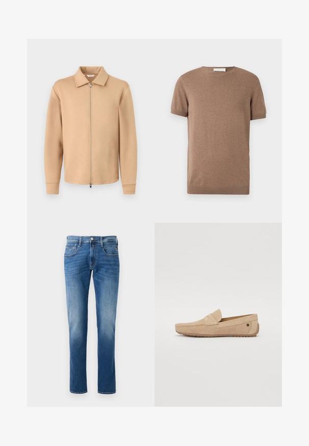Beige langärmelige Jacke mit Reißverschluss und Kragen, gerippten Bündchen und Metallreißverschluss, auf hellem einfarbigem grauem Hintergrund dargestellt.; Brauner Strickpullover mit kurzen Ärmeln, gerippten Bündchen und Rundhalsausschnitt, auf weißem Hintergrund präsentiert.; Herren Jeans aus blauem Denim mit einem verwaschenen Finish, gerader Beinschnitt, fünf Taschen und einem Knopfverschluss vorne. Genähte Akzente an den Taschen.; Jack & Jones JFWJENSEN - Mokassin - moonbeam