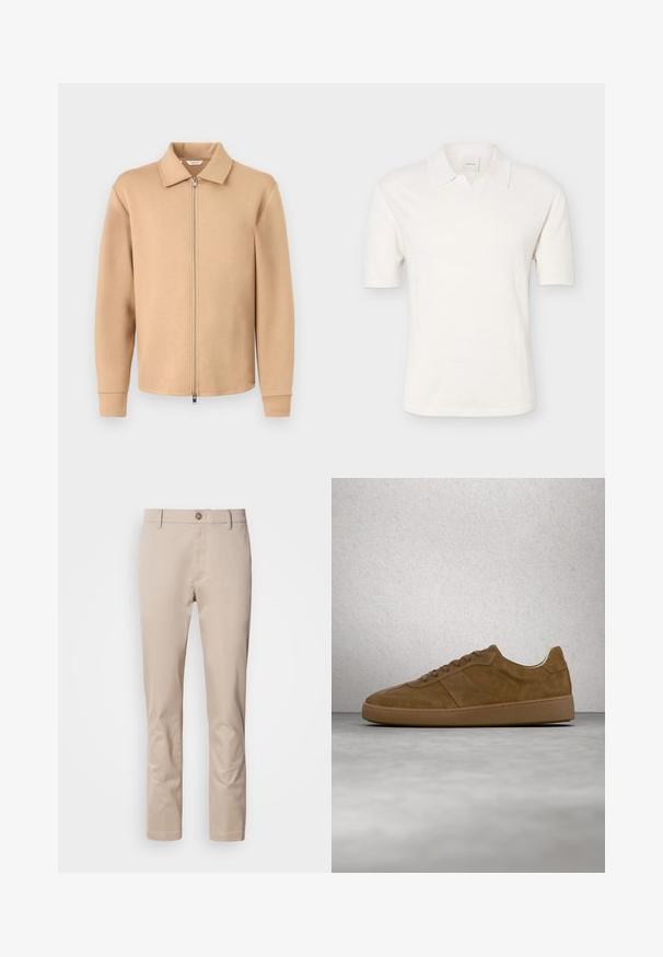 Beige langærmet jakke med lynlås og krave, ribstrikkede manchetter og metallynlås, vist på en ensfarvet lys grå baggrund.; Hvid kortærmet poloshirt med strikket struktur og åben krave, vist på en ensartet lysegrå baggrund.; Beige bomulds chinos med lige pasform, bæltestropper, en enkelt frontknap og en glat, utextureret overflade. Ingen lommer er synlige.; Brun ruskindsneaker med tanfarvede snørebånd og gummisål. Har en rundet snude og synlige stikninger på overdelen. Letvægtsdesign.
