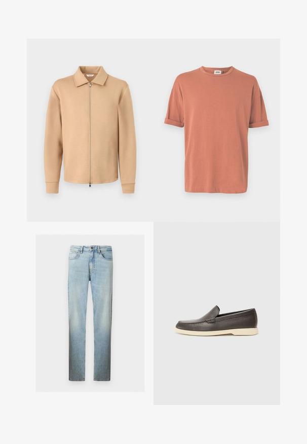 Veste beige à manches longues avec fermeture éclair, col, poignets côtelés et fermeture éclair en métal, présentée sur un fond gris clair uni.; T-shirt à manches courtes de couleur rose poussière, en tissu doux, avec un col rond et des manches retroussées, offrant une coupe décontractée.; Jean en denim bleu clair à jambes droites avec un design classique à cinq poches et une fermeture à bouton sur le devant.; Chaussures à enfiler en cuir marron avec une surface texturée et une semelle beige clair contrastante, présentant un bout arrondi et de minimalistes détails de couture.