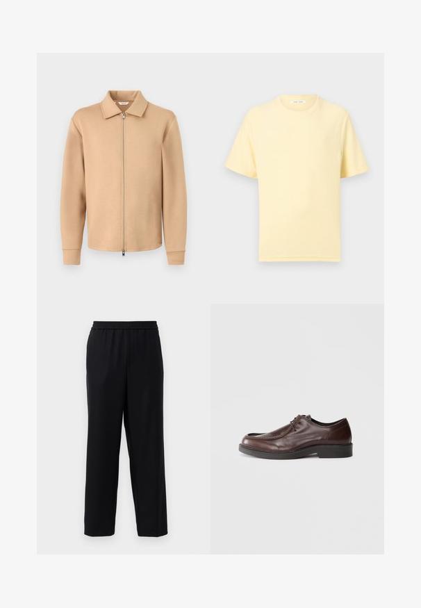 Veste beige à manches longues avec fermeture éclair, col, poignets côtelés et fermeture éclair en métal, présentée sur un fond gris clair uni.; T-shirt jaune pâle à manches courtes et col rond avec une coupe décontractée sur un fond clair uni.; Pantalons noirs avec une taille élastique, design à jambes droites et un tissu lisse et léger. Pas de poches visibles ni de motifs.; Chaussure habillée en cuir marron avec un bout arrondi, des accents de couture minimum, et une semelle noire robuste. Présente un système de laçage et une texture lisse.