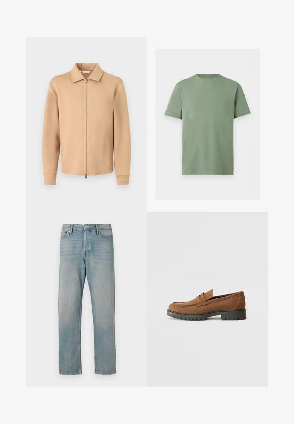 Beige langärmelige Jacke mit Reißverschluss und Kragen, gerippten Bündchen und Metallreißverschluss, auf hellem einfarbigem grauem Hintergrund dargestellt.; Schlichtes grünes T-Shirt mit kurzen Ärmeln und Rundhalsausschnitt, flach auf weißem Hintergrund dargestellt.; Helle blaue Denim-Jeans mit geradem Bein haben fünf klassische Taschen, einen Knopfverschluss und dezente Auswaschungen für Struktur.; Braune Wildlederslipper mit runder Zehenpartie und einer niedrigen schwarzen Gummisohle, die über einen dekorativen Riemen und Nähte auf dem Obermaterial verfügt.