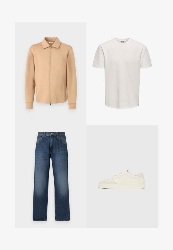 Veste beige à manches longues avec fermeture éclair, col, poignets côtelés et fermeture éclair en métal, présentée sur un fond gris clair uni.; T-shirt blanc uni à manches courtes et texturé, col rond, présenté sur fond neutre, sans logos ni motifs visibles.; Jean droit bleu foncé avec fermeture avant à boutons et fermeture éclair, poches avant, et détails légèrement décolorés sur les cuisses.; Baskets en daim blanc à finition lisse, embout rond, design lacé plat, avec des accents texturés contrastants. Comprend un détail de logo subtil.